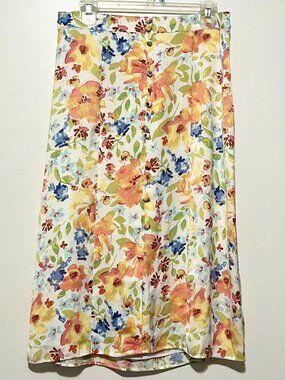 Womens Floral Button Midi Skirt M Cottage Pastoral Garden Modest Church Dainty